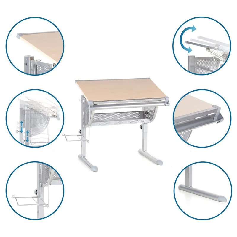 B-Ware hjh OFFICE Kinderschreibtisch Tisch höhenverstellbar neigbar buche silber 8519