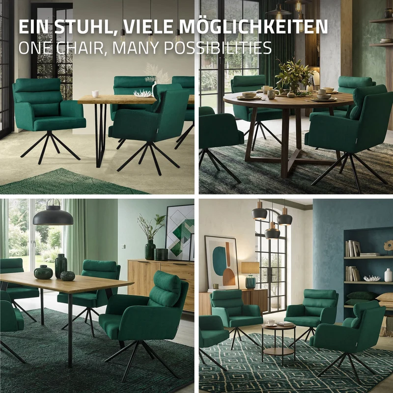 Esszimmerstuhl 4er Set Dunkelgrün drehbar mit abnehmbaren Rückenkissen gepolstert bis 120 Kilogramm ML-Design