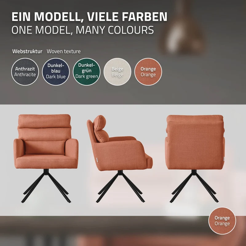 Esszimmerstuhl 4er Set Orange drehbar mit abnehmbaren Rückenkissen gepolstert bis 120 Kilogramm ML-Design