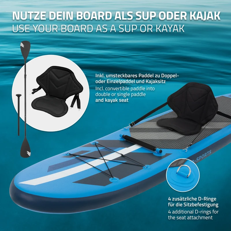 Stand Up Paddle aufblasbares SUP Board mit Kajak Sitz 320x82x15 cm in Blau aus PVC inkl. Pumpe und Tragetasche