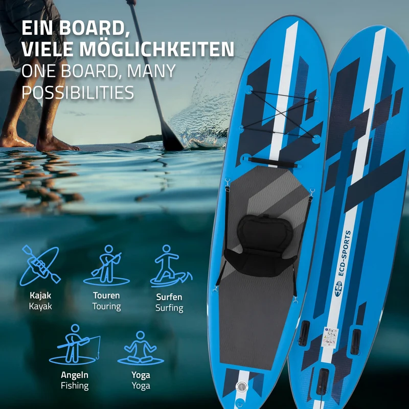 Stand Up Paddle aufblasbares SUP Board mit Kajak Sitz 320x82x15 cm in Blau aus PVC inkl. Pumpe und Tragetasche