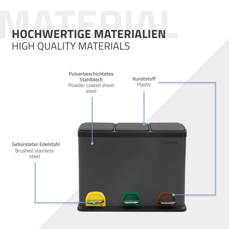 Mülleimer mit Trennsystem 3x 8L Anthrazit aus Stahl ML-Design