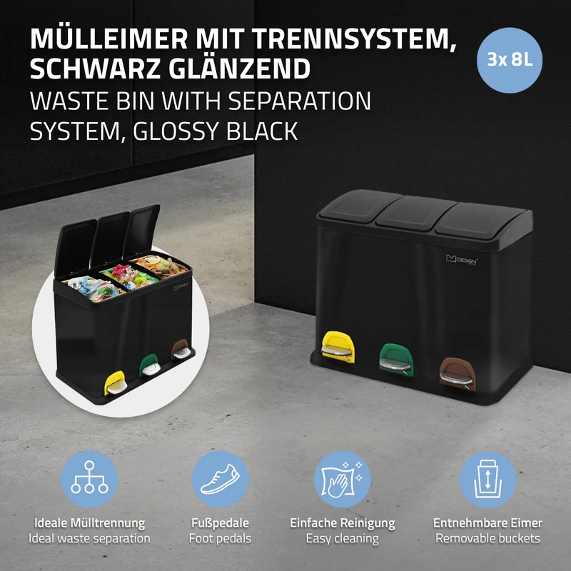 Mülleimer mit Trennsystem 3x 8L Schwarz aus Stahl ML-Design