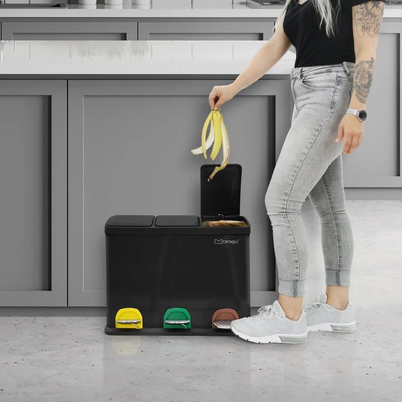 Mülleimer mit Trennsystem 3x 8L Schwarz aus Stahl ML-Design