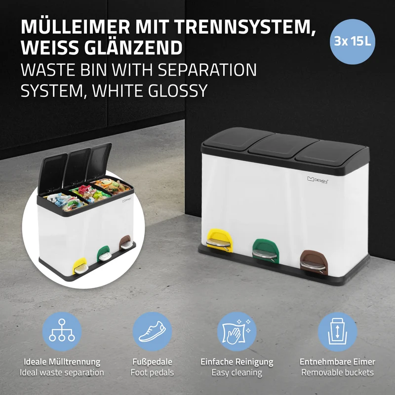 Mülleimer mit Trennsystem 3x 15L Weiß aus Stahl ML-Design
