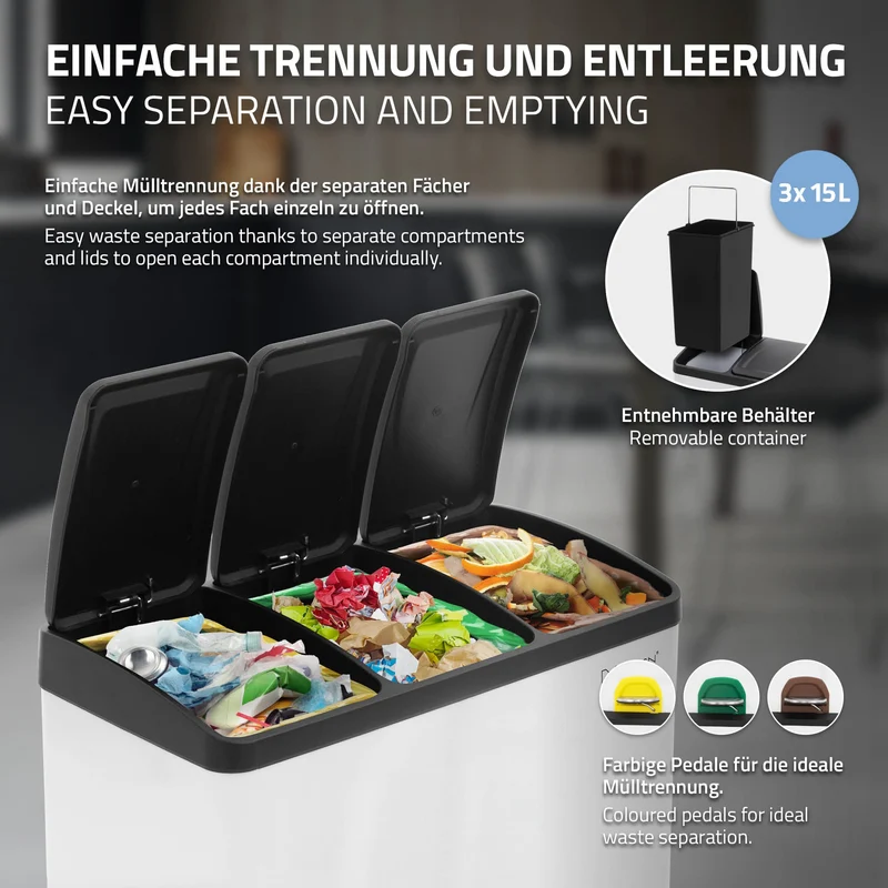 Mülleimer mit Trennsystem 3x 15L Weiß aus Stahl ML-Design