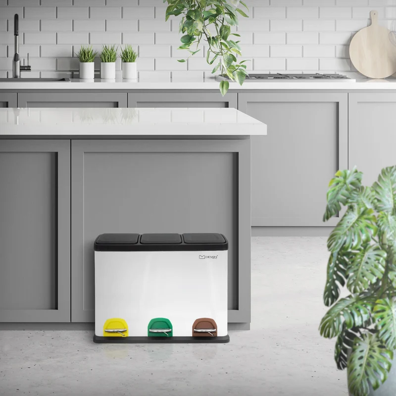 Mülleimer mit Trennsystem 3x 15L Weiß aus Stahl ML-Design