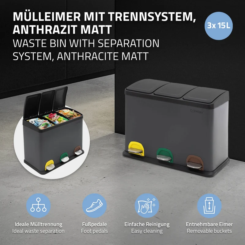 Mülleimer mit Trennsystem 3x 15L Anthrazit aus Stahl ML-Design