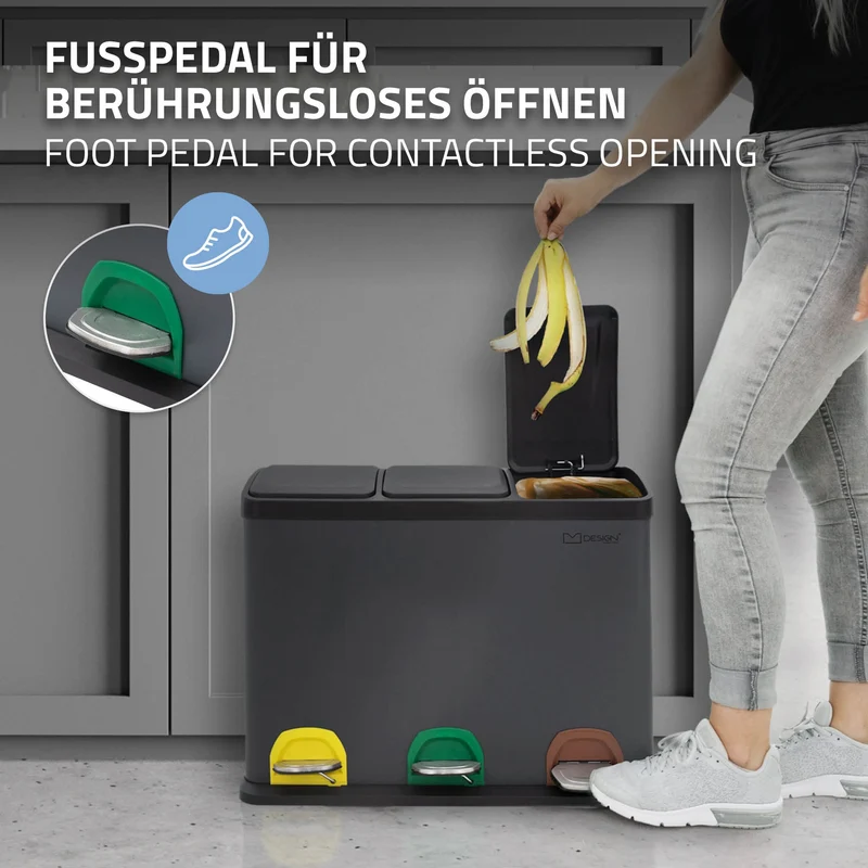 Mülleimer mit Trennsystem 3x 15L Anthrazit aus Stahl ML-Design