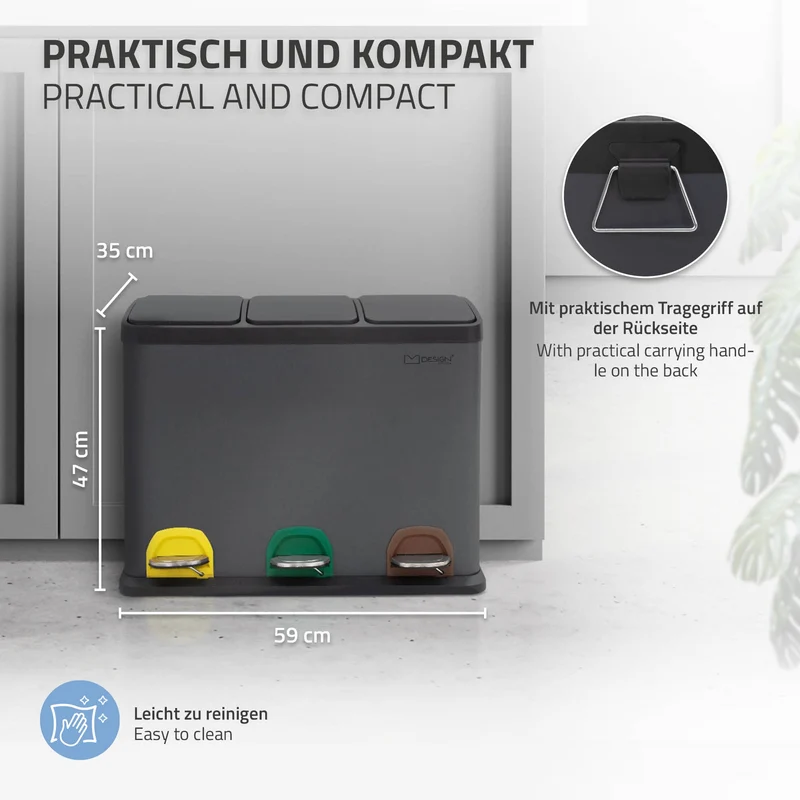 Mülleimer mit Trennsystem 3x 15L Anthrazit aus Stahl ML-Design