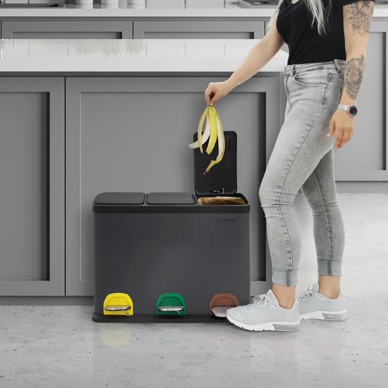 Mülleimer mit Trennsystem 3x 15L Anthrazit aus Stahl ML-Design
