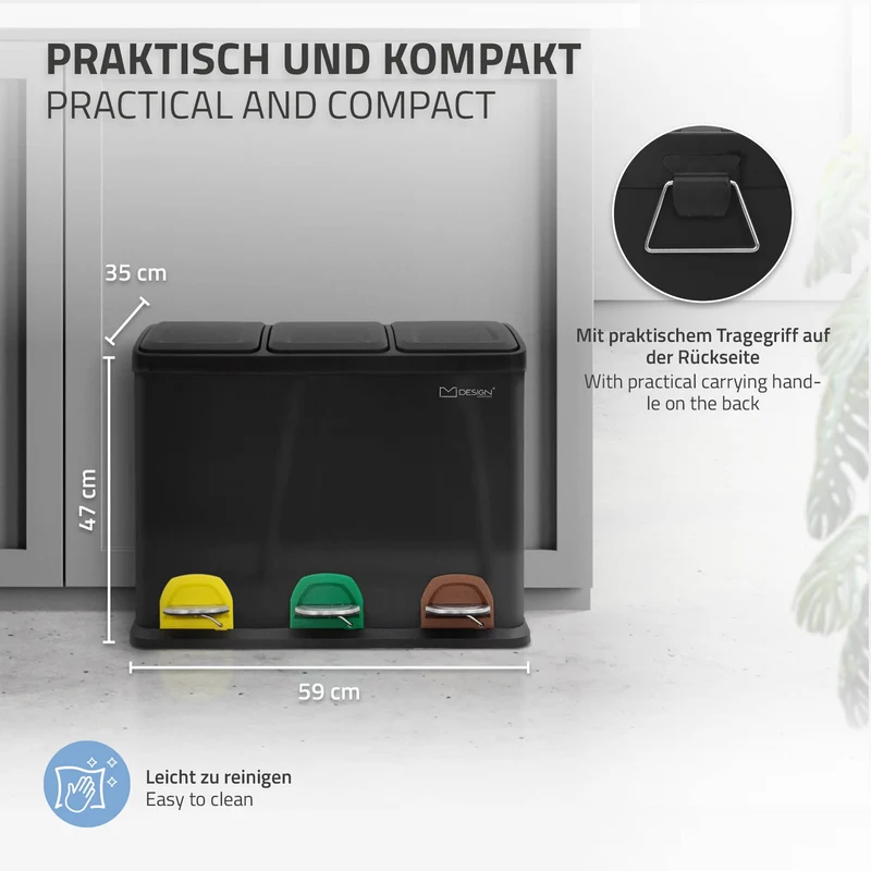 Mülleimer mit Trennsystem 3x 15L Schwarz aus Stahl ML-Design