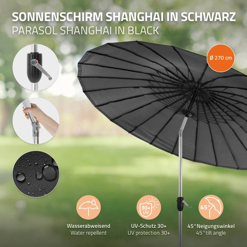 Sonnenschirm Shanghai Ø 270 cm Schwarz aus Aluminium und Polyester ML-Design