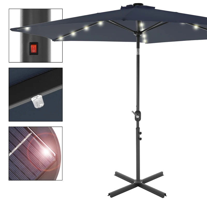 Sonnenschirm mit Kurbel inkl. LED-Solar Ø 300 cm Navy-Blau aus Polyester