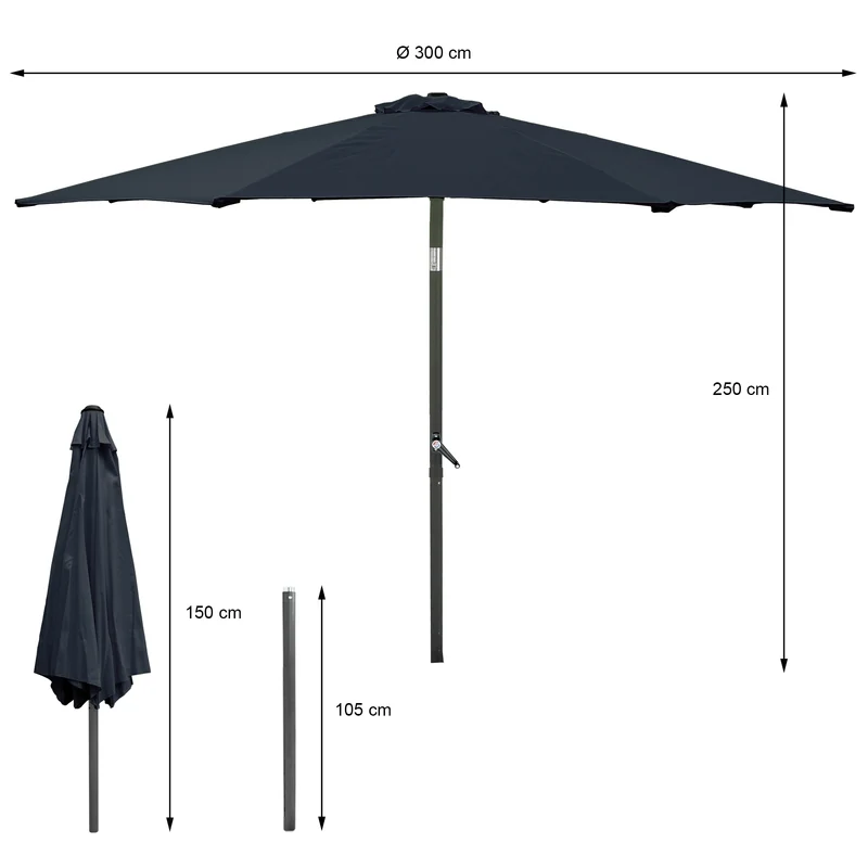 Sonnenschirm mit Kurbel inkl. LED-Solar Ø 300 cm Navy-Blau aus Polyester