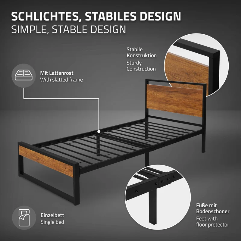 Bettgestell Einzelbett 90x200cm aus Metall in Schwarz mit Kopf- & Fußteil aus Holz, Lattenrost & Matratze H-10cm ML-Design