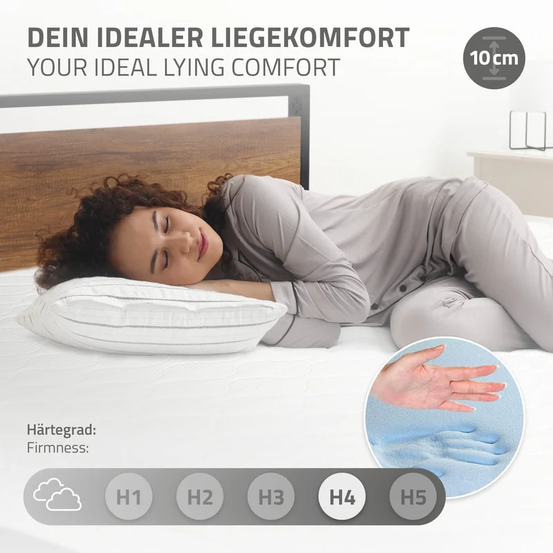 Bettgestell Einzelbett 90x200cm aus Metall in Schwarz mit Kopf- & Fußteil aus Holz, Lattenrost & Matratze H-10cm ML-Design