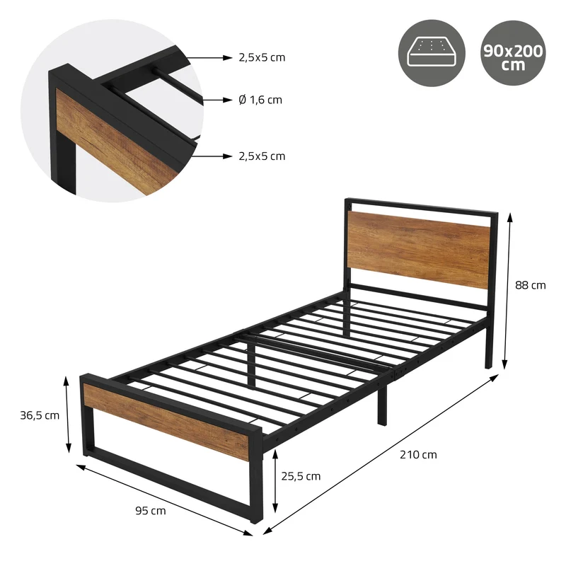Bettgestell Einzelbett 90x200cm aus Metall in Schwarz mit Kopf- & Fußteil aus Holz, Lattenrost & Matratze H-10cm ML-Design