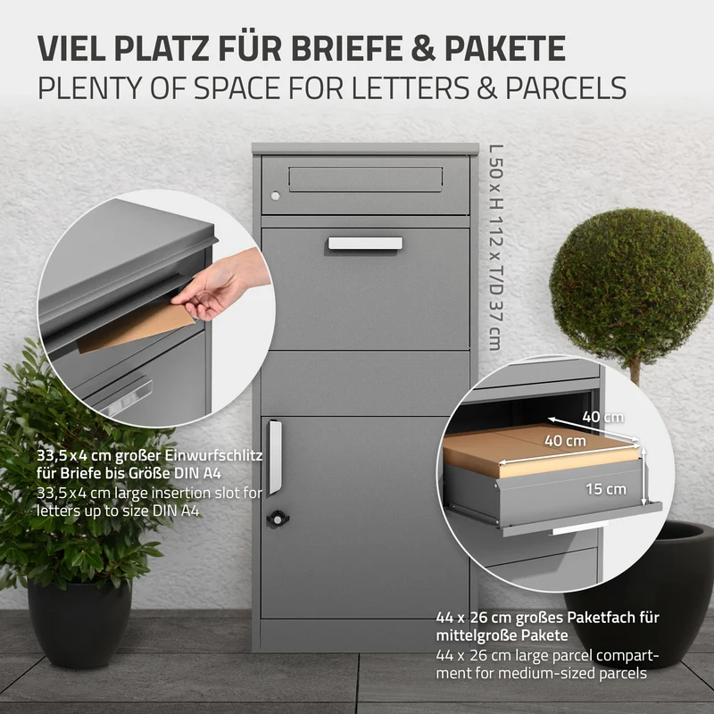 Paketbriefkasten 50x112x37 cm Grau aus verzinktem Stahl ML-Design