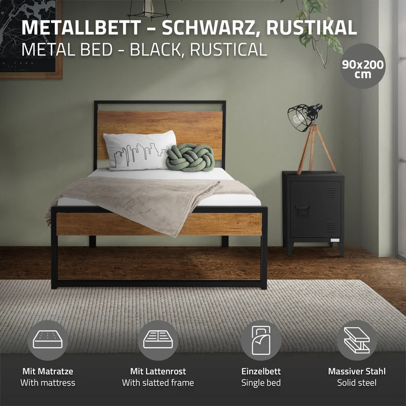 Bettgestell Einzelbett 90x200cm aus Metall in Schwarz mit Kopf- & Fußteil aus Holz, Lattenrost & Matratze H-16cm ML-Design