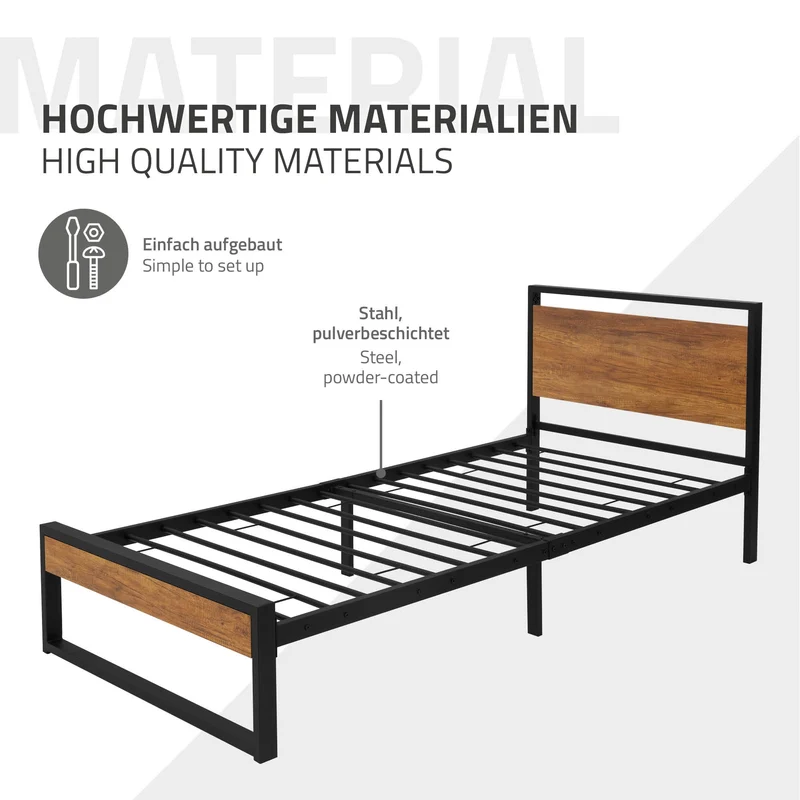 Bettgestell Einzelbett 90x200cm aus Metall in Schwarz mit Kopf- & Fußteil aus Holz, Lattenrost & Matratze H-16cm ML-Design
