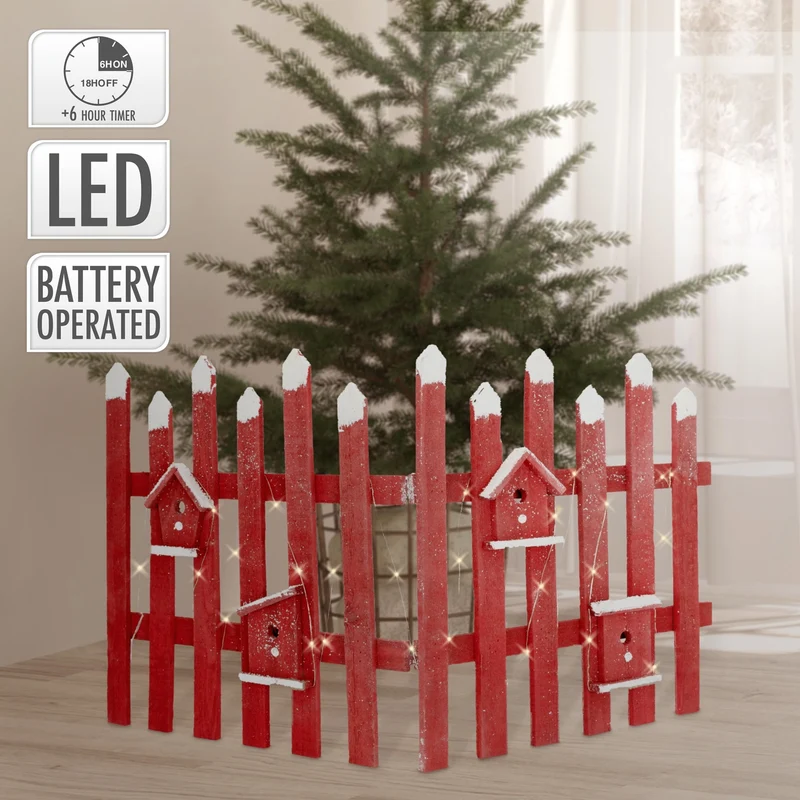 Deko Weihnachtszaun mit LED rot 98x57 cm aus Holz inkl. Vogelhäuschen