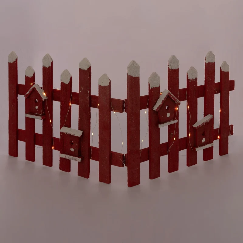 Deko Weihnachtszaun mit LED rot 98x39 cm aus Holz inkl. Vogelhäuschen