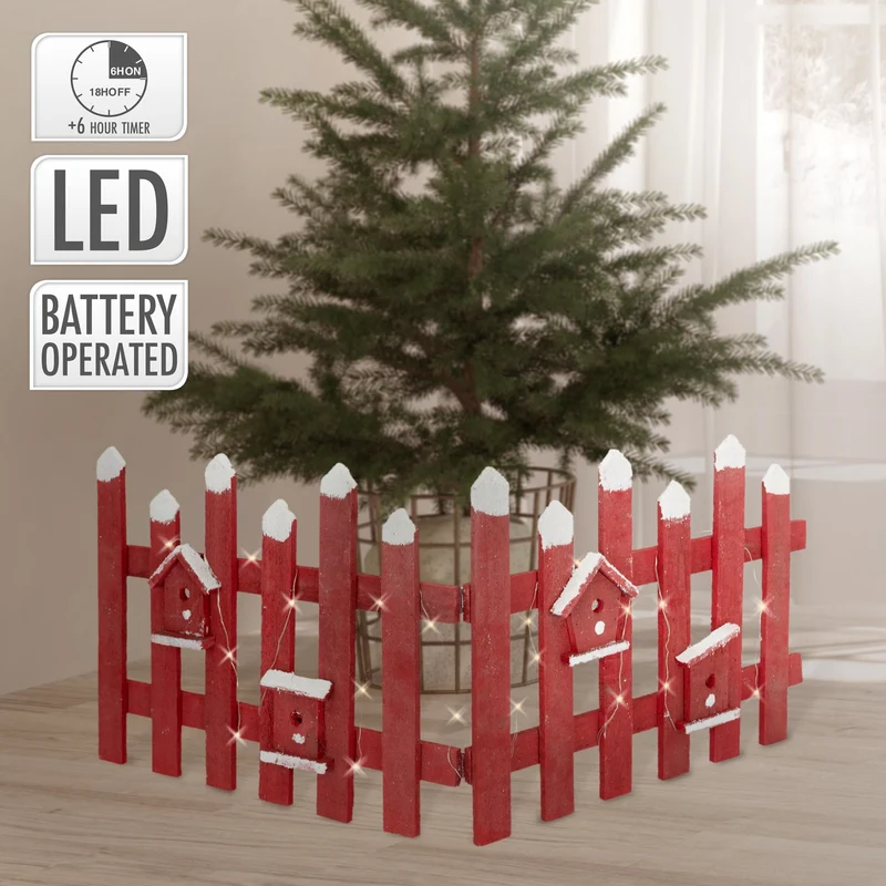 Deko Weihnachtszaun mit LED rot 98x39 cm aus Holz inkl. Vogelhäuschen
