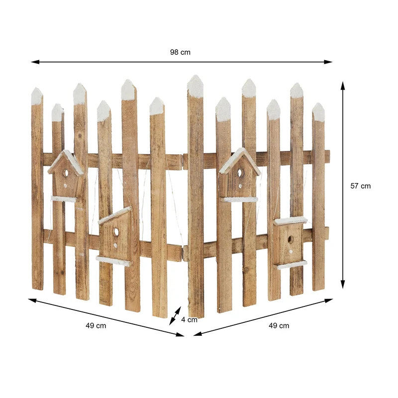 Deko Weihnachtszaun mit LED natur 98x57 cm aus Holz inkl. Vogelhäuschen