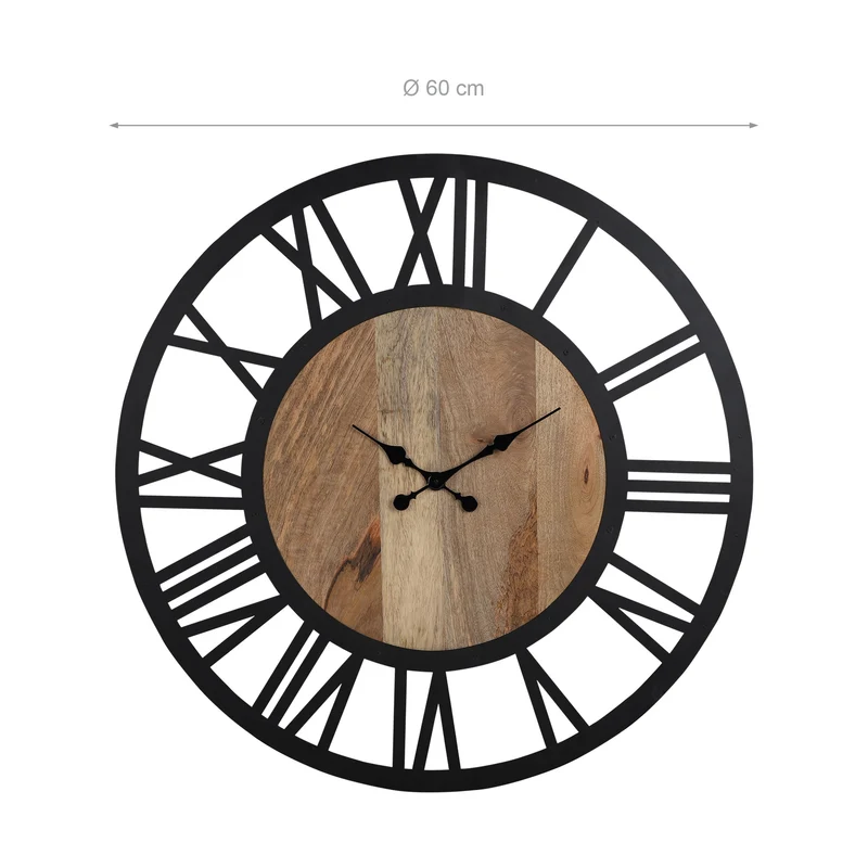 Große Wanduhr Ø 60 cm Schwarz/Natur aus Eisen mit römischen Ziffern WOMO-Design