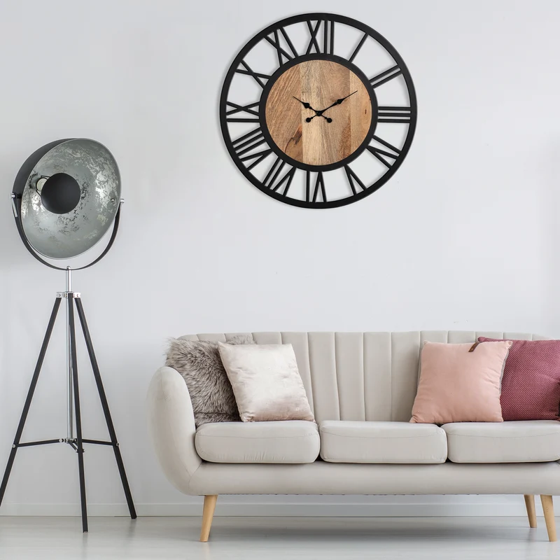 Große Wanduhr Ø 60 cm Schwarz/Natur aus Eisen mit römischen Ziffern WOMO-Design