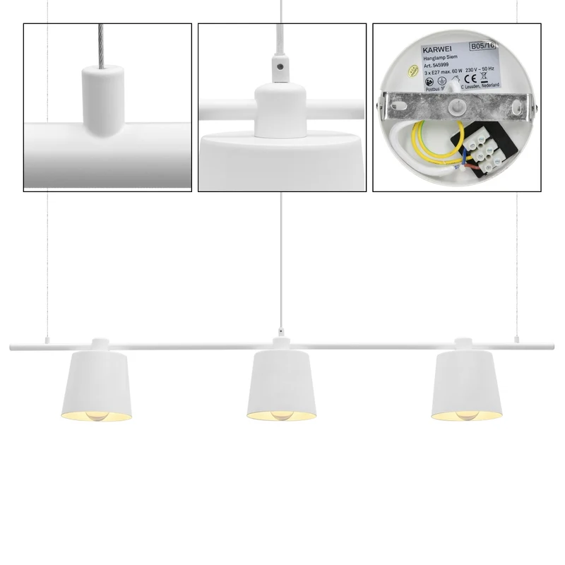 Hängelampe 3 flammige 140 cm E27 Weiß aus Metall mit drei LED-Lampe 4W