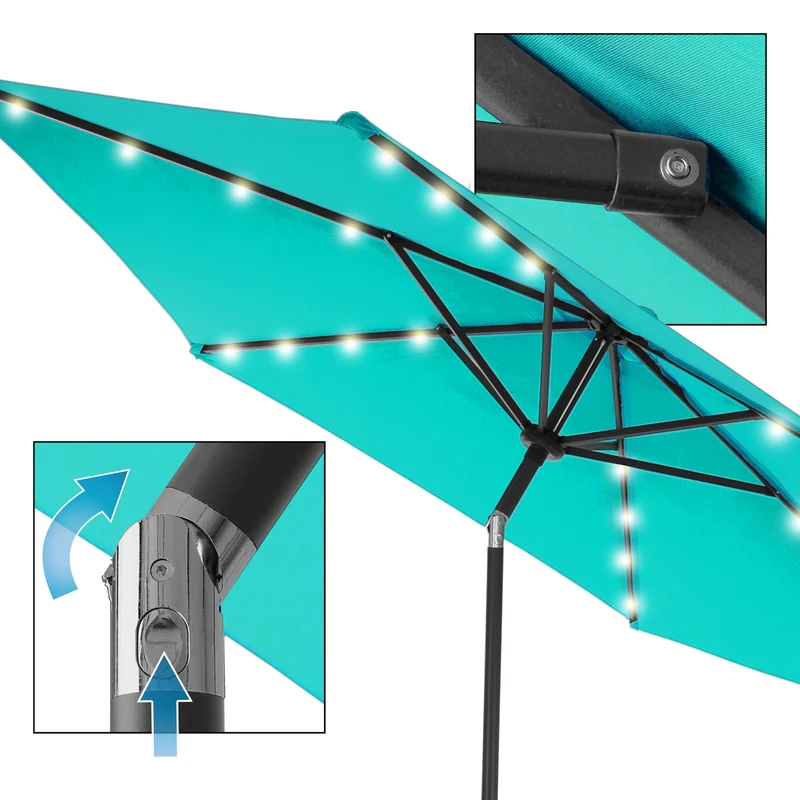 Sonnenschirm mit LED-Solar türkis Ø 300 cm mit Kurbel inkl. Abdeckung
