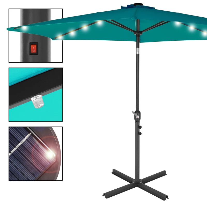 Sonnenschirm mit LED-Solar türkis Ø 300 cm mit Kurbel inkl. Abdeckung