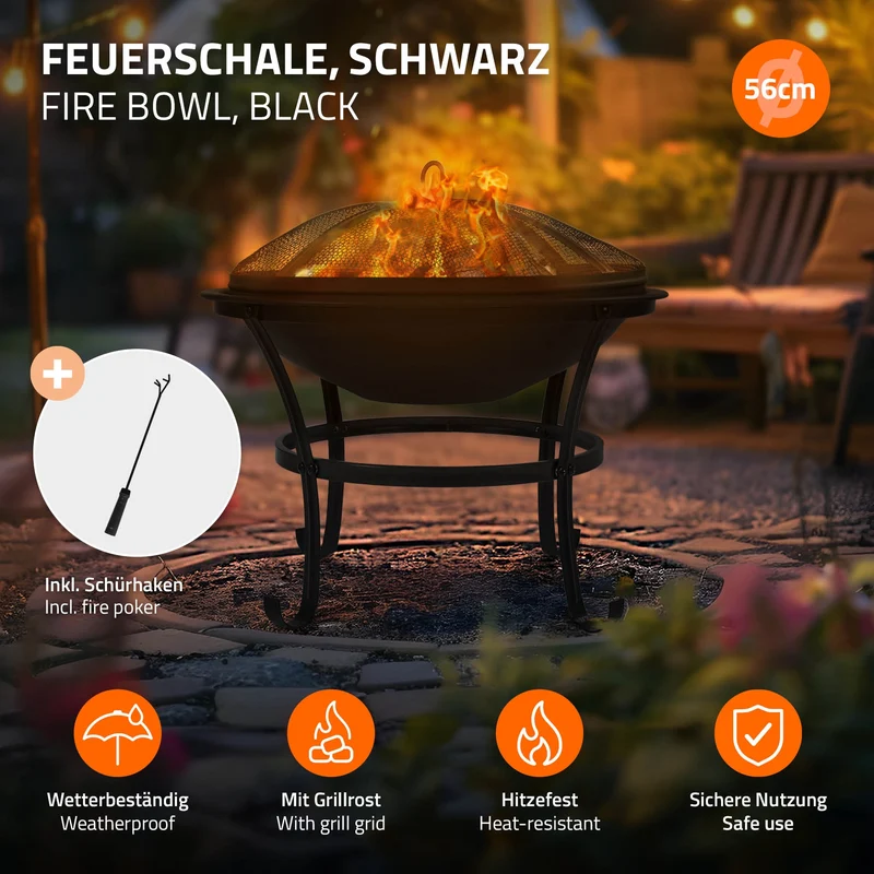 Feuerschale mit Funkenschutz & Grillrost rund Ø 56 cm aus Stahl