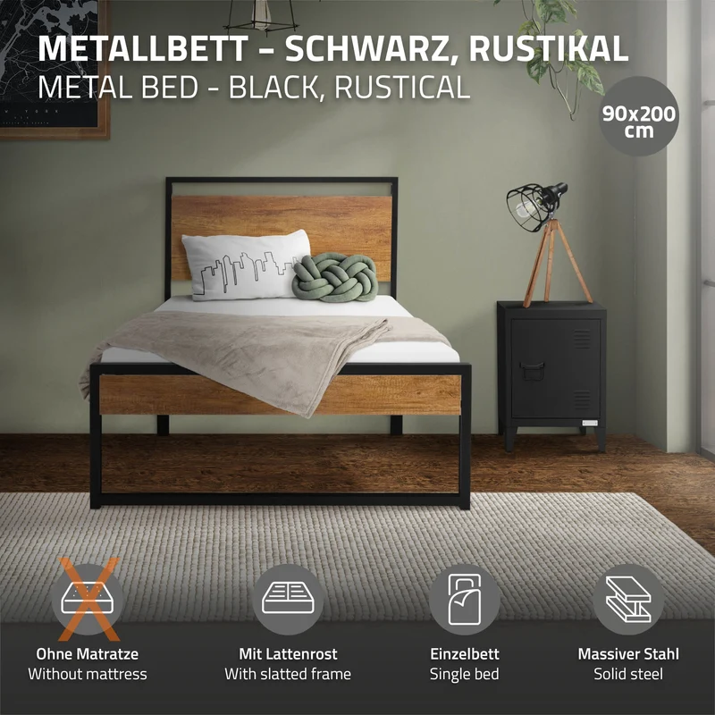 Bettgestell Einzelbett 90x200cm aus Metall in Schwarz mit Kopf- & Fußteil aus Holz & Lattenrost ML-Design