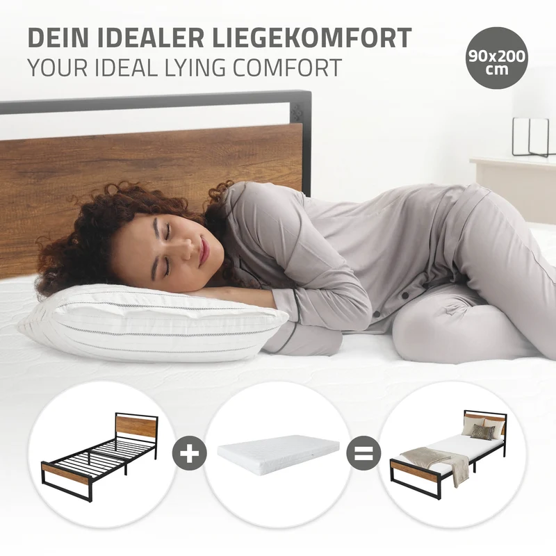 Bettgestell Einzelbett 90x200cm aus Metall in Schwarz mit Kopf- & Fußteil aus Holz & Lattenrost ML-Design