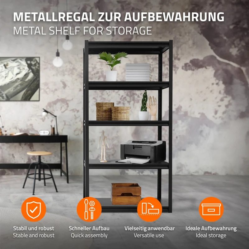 Schwerlastregal 183x90x45 cm Schwarz aus Metall inkl. 5 Böden ML-Design