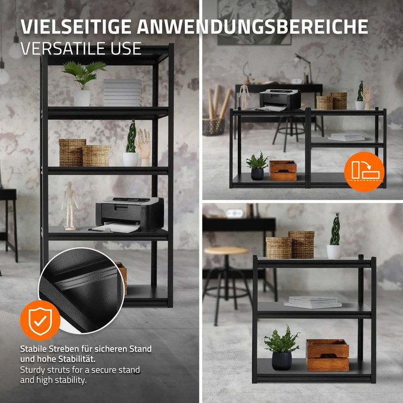 Schwerlastregal 183x90x45 cm Schwarz aus Metall inkl. 5 Böden ML-Design