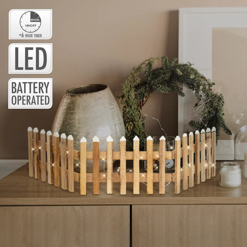 Deko Weihnachtszaun mit LED Braun 90x21 cm aus Holz