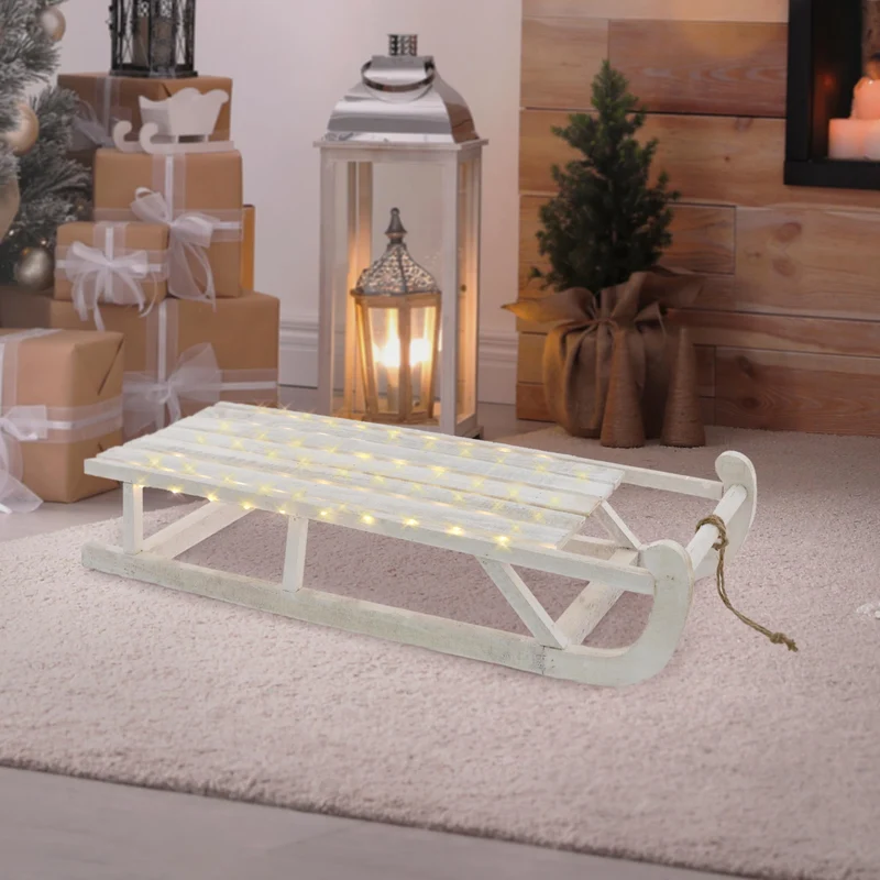 Weihnachtsdeko Schlitten 73 cm weiß aus Holz mit LED