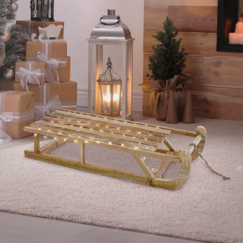Weihnachtsdeko Schlitten 73x13,5x27,5 cm braun aus Holz mit LED