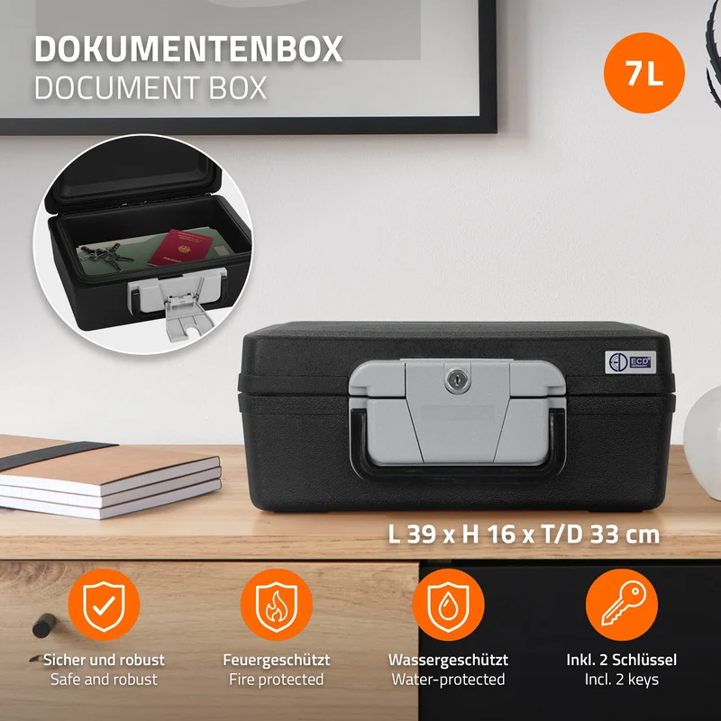 Dokumentenbox DIN A4 39x33x16 cm 7L Feuerfeste wasserdichte Dokumentenkassette