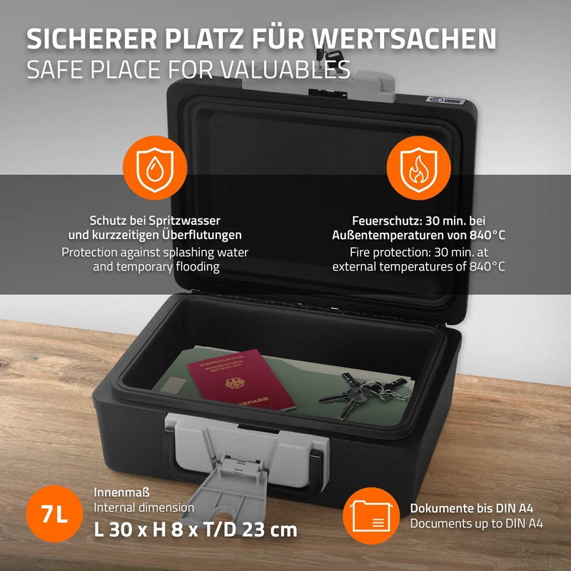 Dokumentenbox DIN A4 39x33x16 cm 7L Feuerfeste wasserdichte Dokumentenkassette