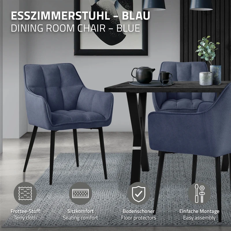 Esszimmerstuhl Blau aus Frotteestoff mit dickem gepolsterter Sitz ML-Design