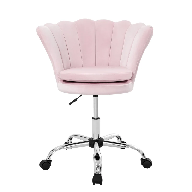 Bürostuhl mit Rollen und Rückenlehne Muscheldesign 68x68 cm Hellrosa aus Samt Schminktisch Stuhl ML-Design