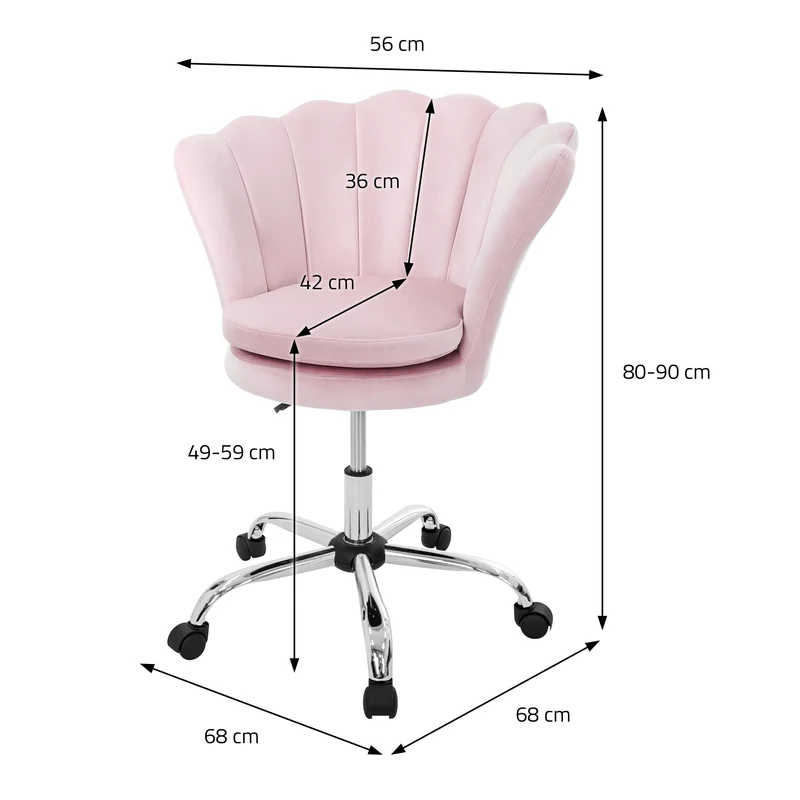 Bürostuhl mit Rollen und Rückenlehne Muscheldesign 68x68 cm Hellrosa aus Samt Schminktisch Stuhl ML-Design