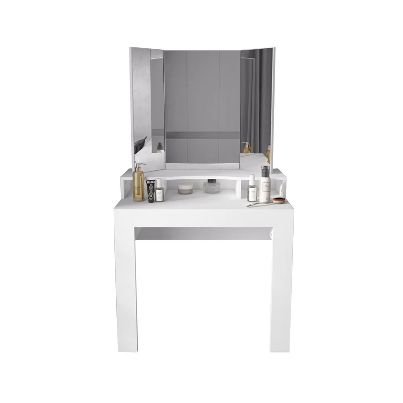 Schminktisch Frisiertisch 89,5x155x43,5 cm in Weiß mit Spiegel 3-tlg, 3 Ablagen & Hocker Drehbar in Schwarz ML-Design