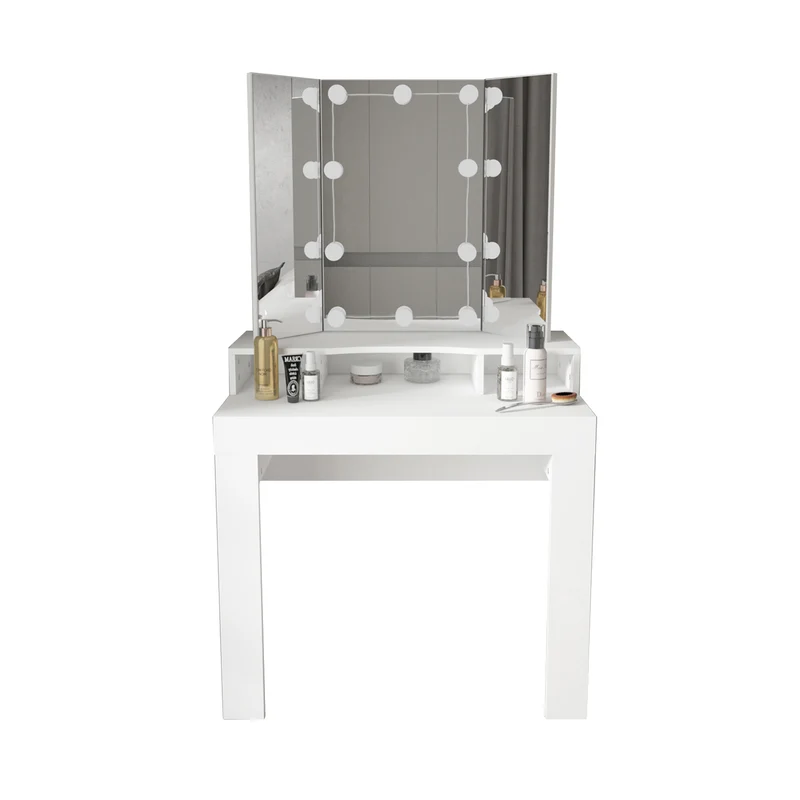 Schminktisch Frisiertisch 89,5x155x43,5 cm in Weiß mit LED Beleuchtung 3-tlg, Spiegel, Schublade & Hocker Drehbar ML-Design