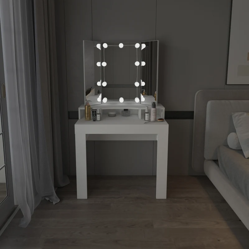 Schminktisch Frisiertisch 89,5x155x43,5 cm in Weiß mit LED Beleuchtung 3-tlg, Spiegel, Schublade & Hocker Drehbar ML-Design